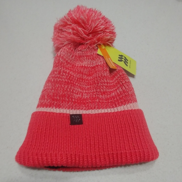 Cotton Candy Pink beanie fleece lined hat with poof stripes, OS NEW - Picture 1 of 5